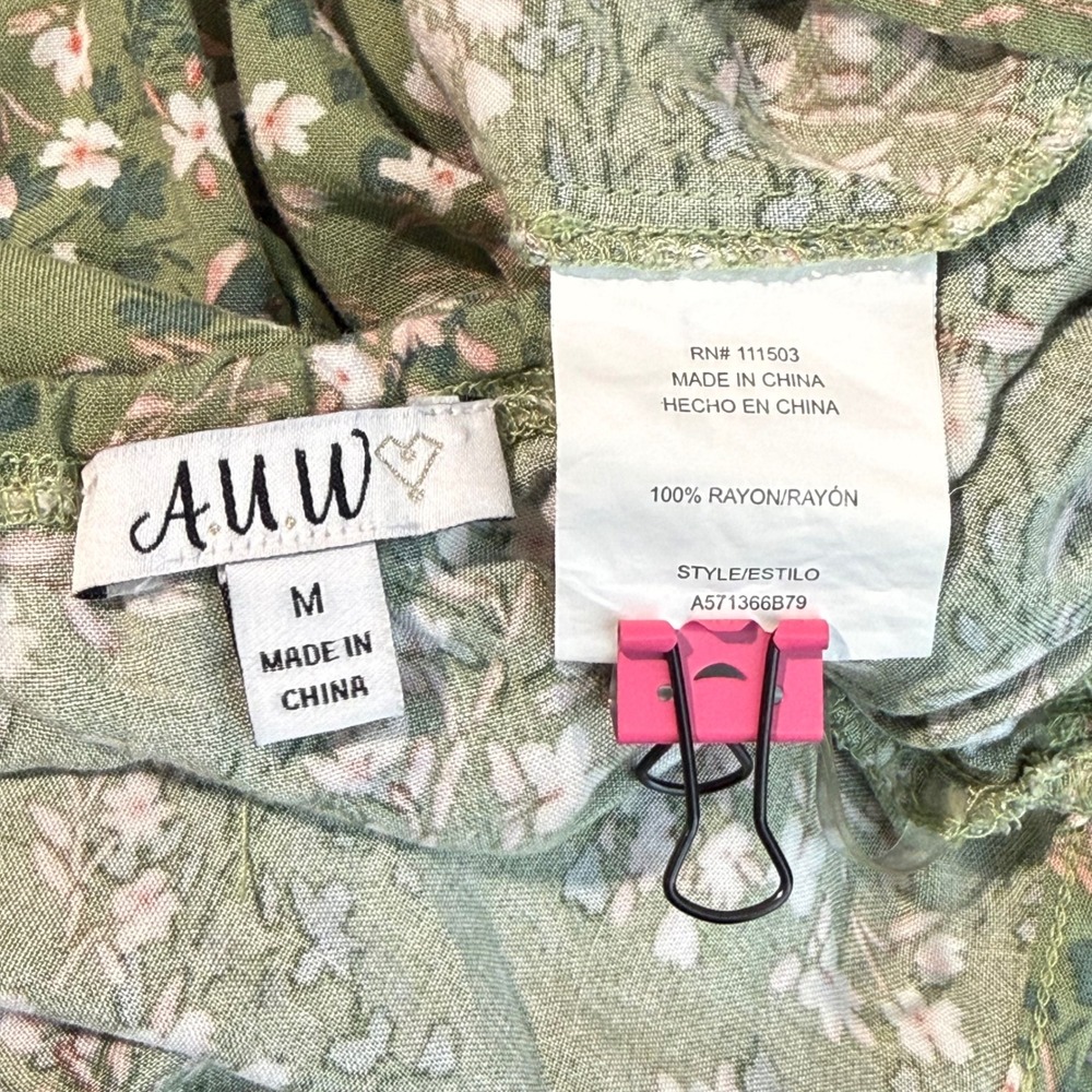 AUW Womens Floral Cottagecore Midi Dress Size M Green Ruffle Hem Spaghetti Strap - Picture 6 of 9